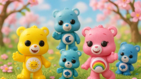 Funko Bitty Pop Figuren: Care Bears collection in garden setting.