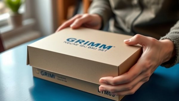 Hands opening GRIMM's neue Bau Set packaging on a blue table.