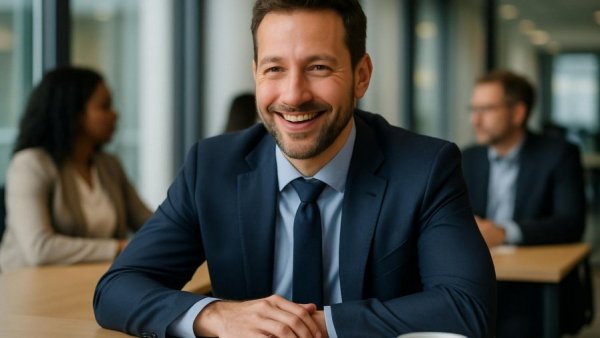Smiling businessman in office setting, Cyberangriff auf Hotel-IT-Dienstleister.
