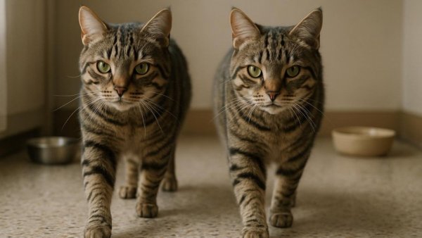 Tierrettung Hamburg: Two tabby cats indoors on a speckled floor.