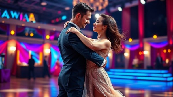 Dynamic ballroom dancers performing under vibrant lights at Willi Whey Let's Dance 2026.