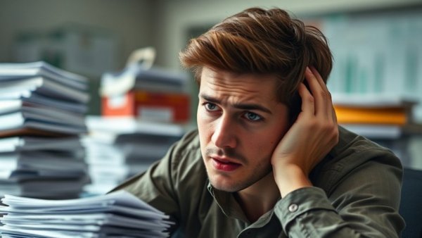 Frustrated man at desk overwhelmed with paperwork for Mikrozensus 2026.