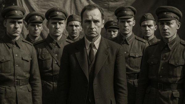 Captured scene in Flensburg with military personnel and a civilian