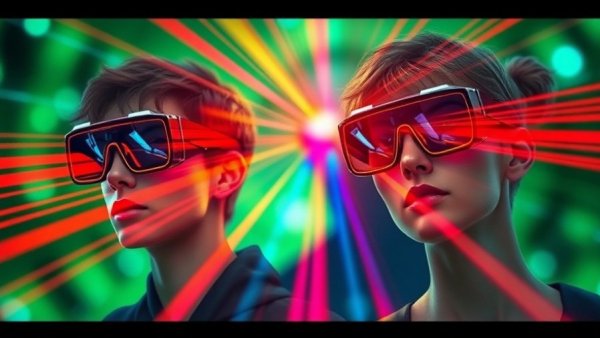 Digital art of futuristic glasses projecting colorful beams, illustrating Datenschutzrisiken von Metas Ray-Bans.