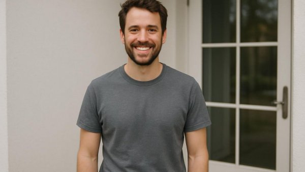Casual man smiling outside Laurent-Restaurant Bad Oldesloe.
