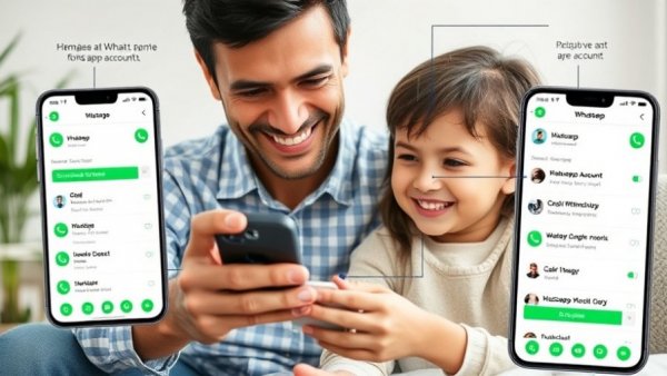 WhatsApp Elternkonten für Kinder: Parent and child managing accounts on phone.