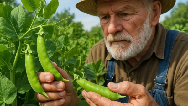 Gardener inspecting sugar snap peas in a lush garden.