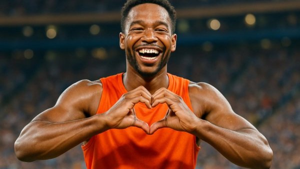 Athlete expressing joy with a heart gesture in vibrant sports arena, Justus Fischer Wechsel zu THW Kiel 2027