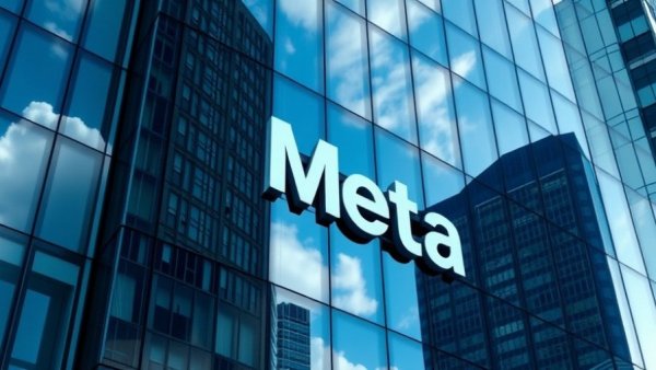 Meta logo on a glass building reflecting the sky, indicating corporate environment.
