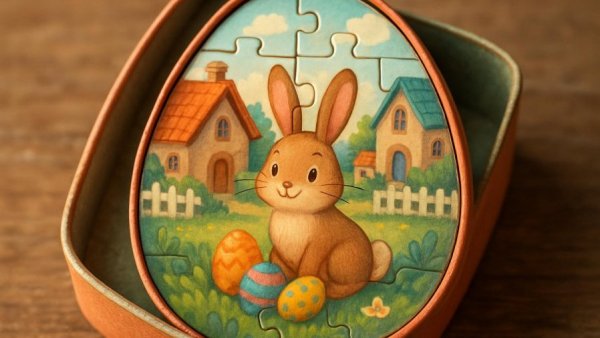 Easter-themed puzzle in an egg-shaped box featuring a rabbit, Osterpuzzle im Ei.