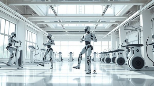 Futuristic Fitnessstudio für Roboter with advanced equipment and robots.