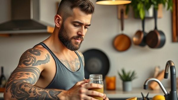 Tattooed man using Ninja Standmixer in kitchen for smoothies
