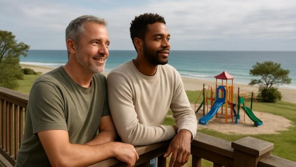 Priwall Tourismus: Two men on balcony with beach view.