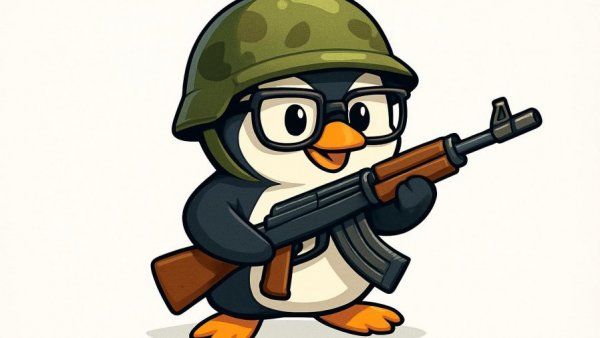 Cartoon penguin soldier holding rifle with 'LINUX' text, Slippery Slope Datenschutz