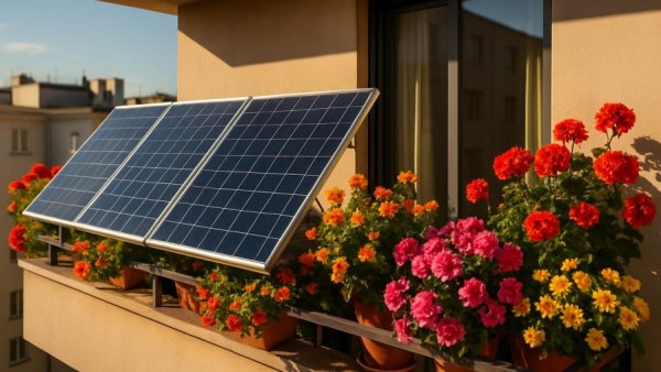 Balkonkraftwerk 2026 solar panel system with vibrant flowers.