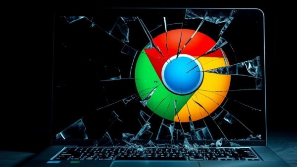 Broken laptop screen with Chrome logo representing malware vulnerability.