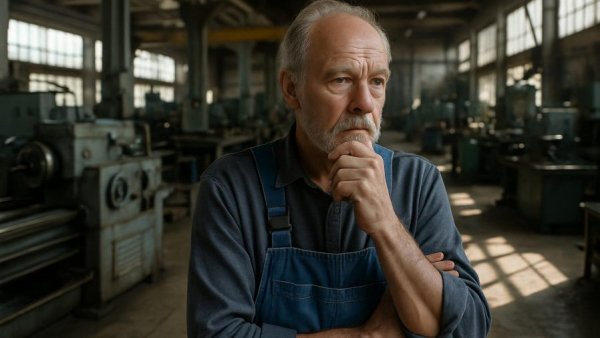 Older man in industrial workshop demonstrating Arbeiten im Alter.
