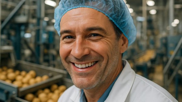 Man in factory discussing Pommes Frites als Familien-Erlebnis.
