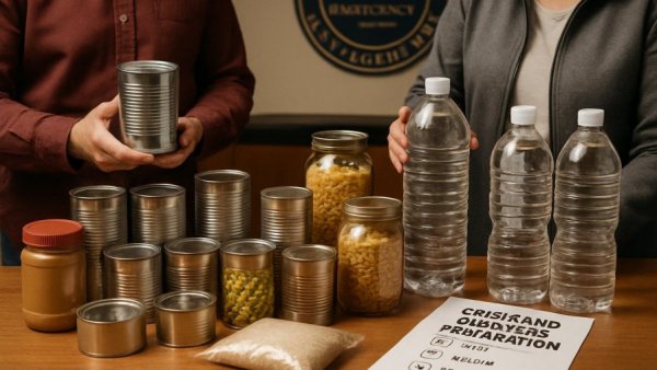Krisenvorsorge Bad Oldesloe: Canned goods and emergency preparation supplies on display.