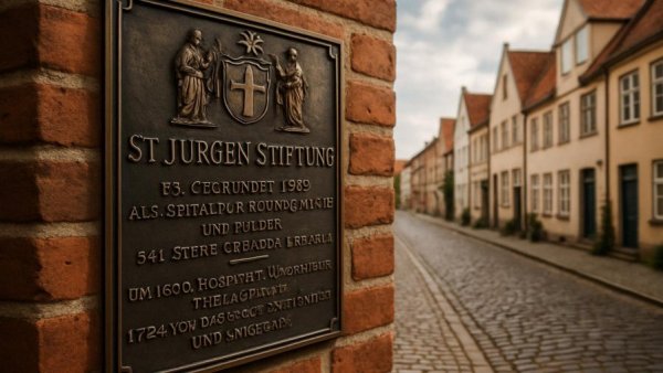 St. Jürgen-Stiftung Bad Oldesloe historical plaque on red brick wall.
