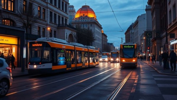 Urban street with trams and pedestrians at evening, highlighting versteckte Kosten von KI.
