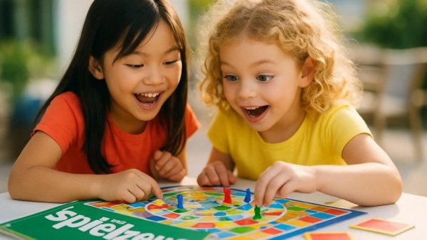 Children enjoying board game with das spielzeug magazine, Spielwarenmesse 2026.