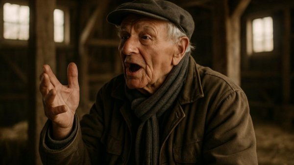 Older man discusses high-performance dairy cows in a rustic barn setting.