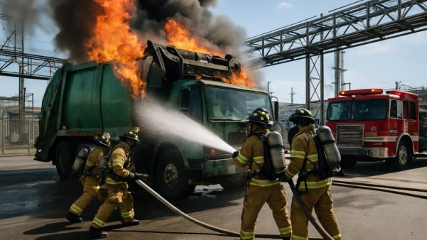 Firefighters extinguish burning garbage truck in urban area.