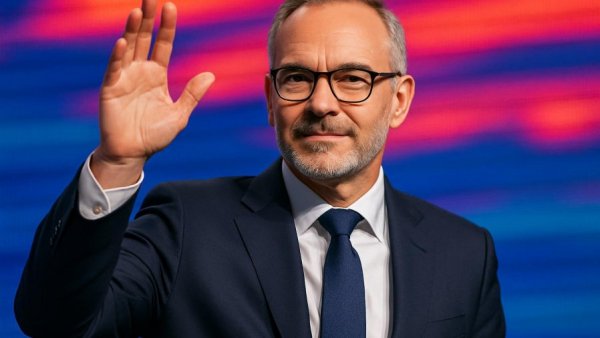 Confident mature man in a suit at an event with LED screen backdrop.
