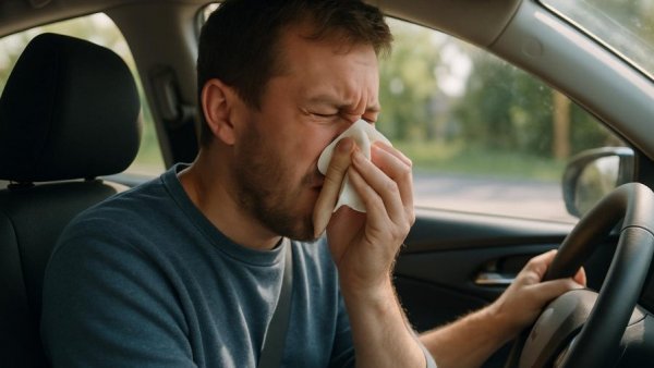 Allergiker beim Autofahren, person looking uncomfortable holding tissue in car.