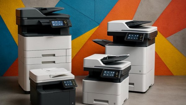 Sleek multifunction printers showcased against a colorful geometric wall in a 2026 test.