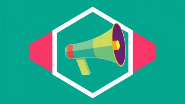 Stylized megaphone icon in geometric design against a backdrop.