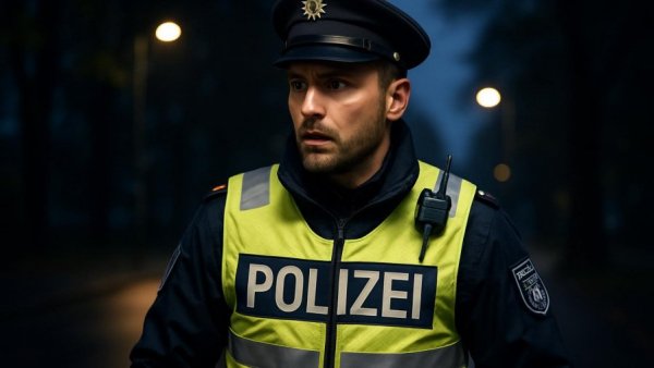 Police officer ensuring Sicherheit für Kinder in Lübeck, night patrol.