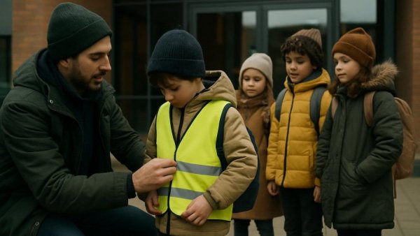 Sicherheit auf Schulwegen as an adult helps a child with vest.