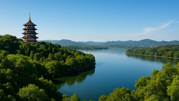 Aerial view of Hangzhou's scenic landscape featuring a pagoda and greenery, ideal for backpacking in China.