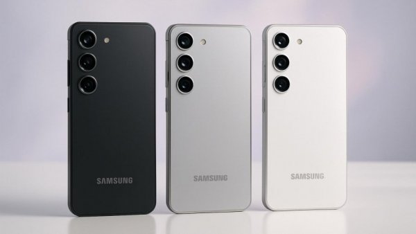 Samsung Galaxy S26 phones showcased in elegant minimalistic setup.