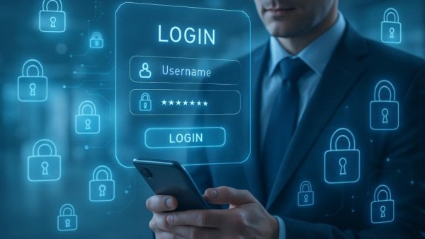 Passwörter richtig verwalten: Digital login interface with lock icons.
