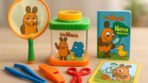 Die Maus Outdoor-Set with exploration tools and toys, bright colors.