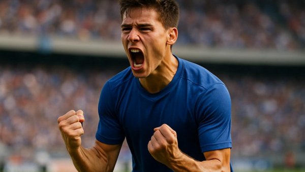Holstein Kiel player celebrating victory against VfL Bochum in a stadium.