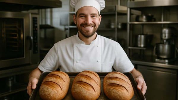 Baker with traditional bread tray in industrial kitchen