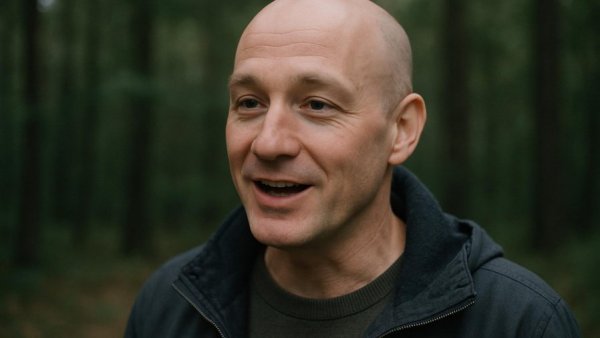 Bald man speaking outdoors in a forest during daytime, engaging expression.