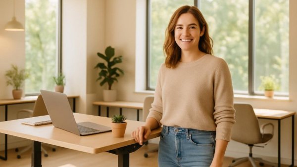 Bright coworking space at Co-Working Hof Tremsbüttel with smiling woman.