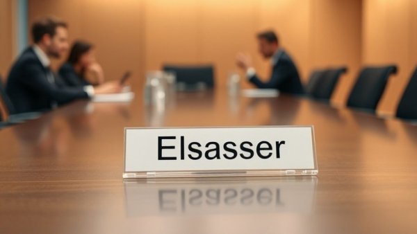 Nameplate labeled 'Elsässer' on a desk in a conference setting, Compact-Magazin Verfassungsfeindlichkeit Pressefreiheit.
