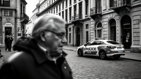 Gritty black and white police scene in urban Berlin with blurred figure.