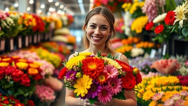 Woman exploring Lidl flower aisle with bouquet.