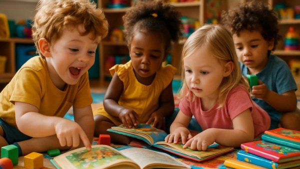 Pädagogisch wertvolles Spielzeug: children exploring a book in a playful setting.