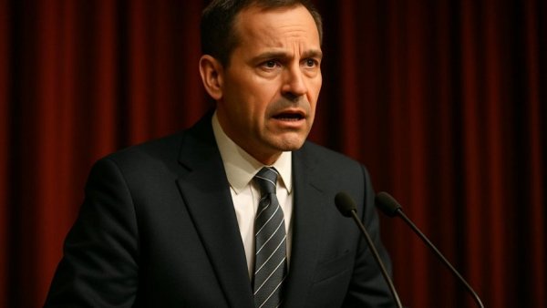 Middle-aged man in suit speaking on stage, Trumps zweite Amtszeit.