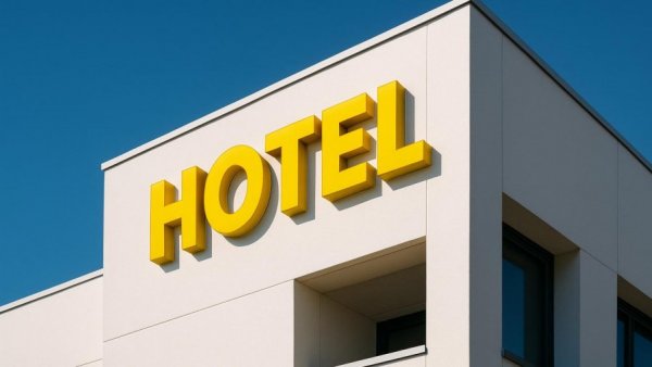 Bright yellow ADAC letters on a building in daylight.