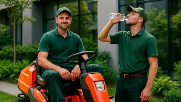 Frontmäher maintenance scene with workers near modern building
