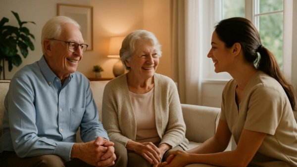 Pflegeberatung in Hamburg scene with elderly couple and caregiver.